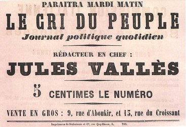 Affiche publicitaire de la Commune de Paris 1871 pour le 3Cri du peuple" rédacteur en chef Jules Vallès, prix 5 centimes le numéro.